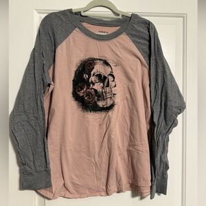 Torrid Gray and Pink Skull Graphic Long Sleeve Tee